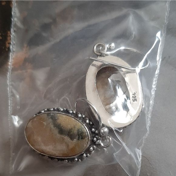 Sterling Silver 925 genuine bumblebee jasper oval stone drop boho earrings new - Picture 3 of 3